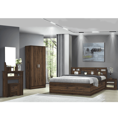 BED SET SLS7111 w/bed (160X200)/side table/dresser & stool/3 shelf wardrobe OLD WOOD (#32577)